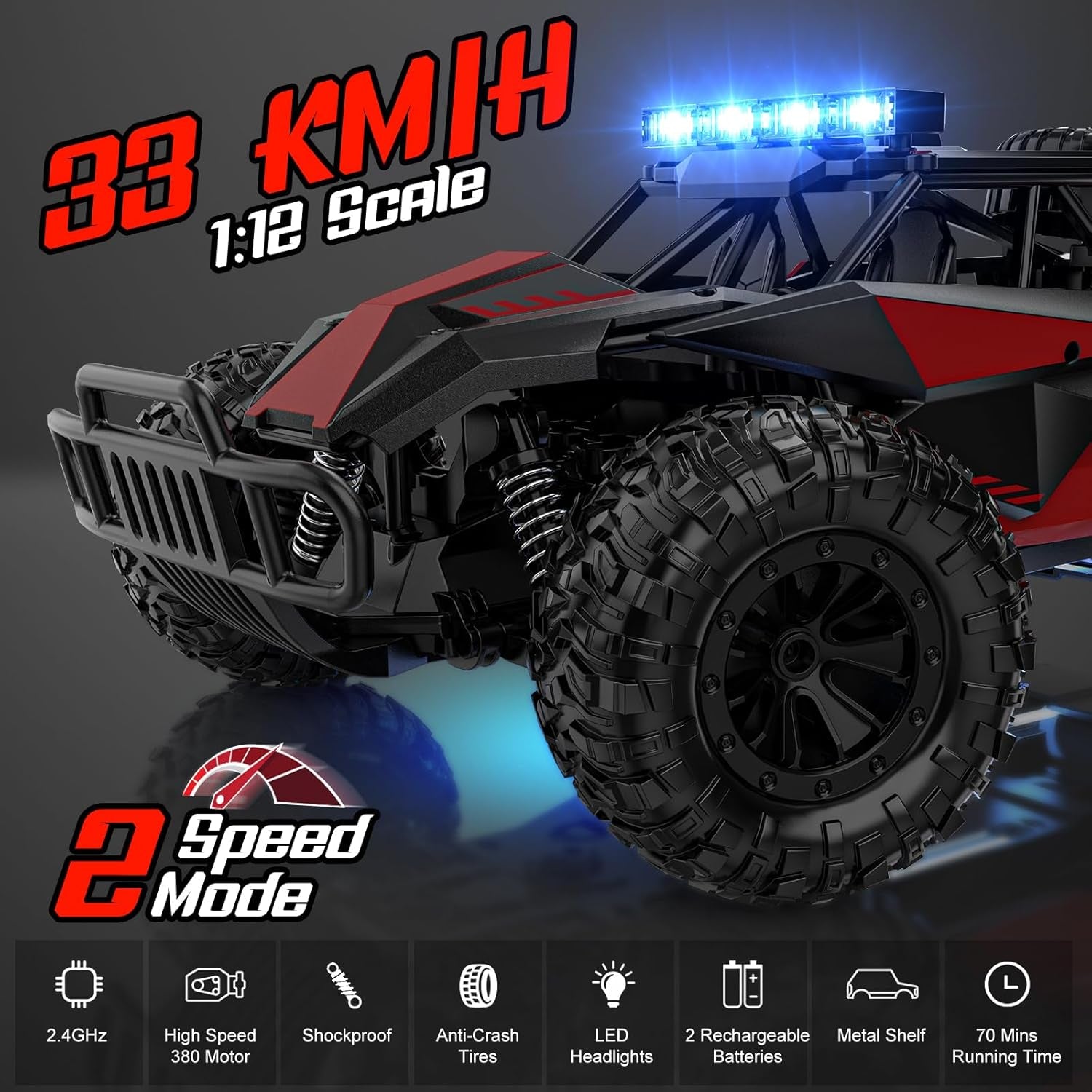 Remote Control Car, 2.4Ghz High Speed 33KM/H RC Cars Toys, 1:12 Monster RC Truck off Road with LED Headlight and Rechargeable Battery Gifts for Adults Boys 8-12