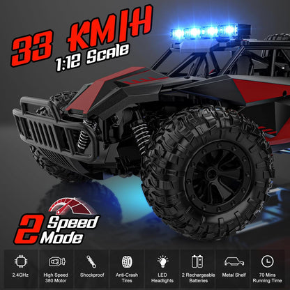 Remote Control Car, 2.4Ghz High Speed 33KM/H RC Cars Toys, 1:12 Monster RC Truck off Road with LED Headlight and Rechargeable Battery Gifts for Adults Boys 8-12