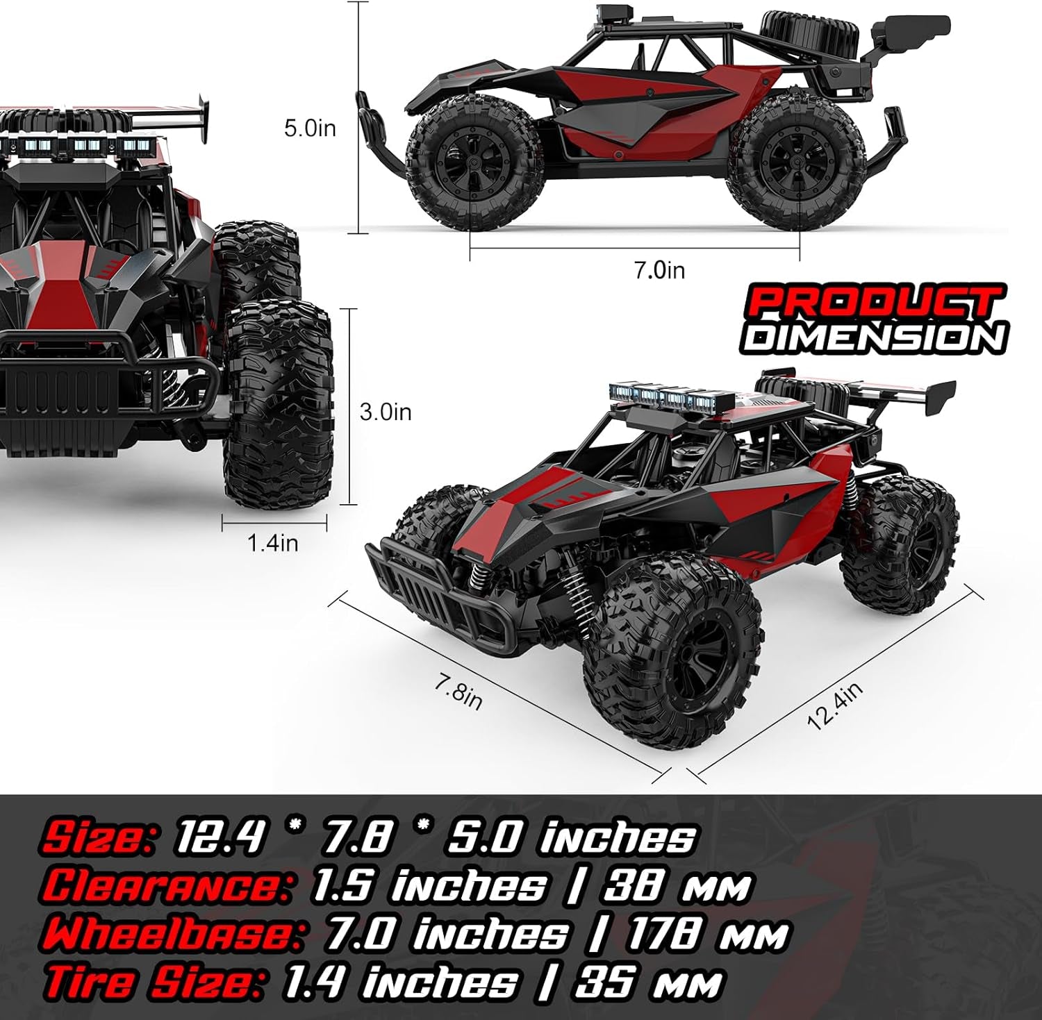 Remote Control Car, 2.4Ghz High Speed 33KM/H RC Cars Toys, 1:12 Monster RC Truck off Road with LED Headlight and Rechargeable Battery Gifts for Adults Boys 8-12